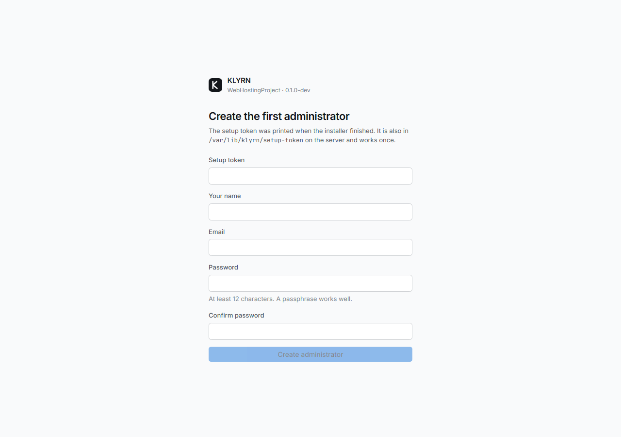 The first-run setup page of the KLYRN panel asking for the setup token, a name, an email address and a password